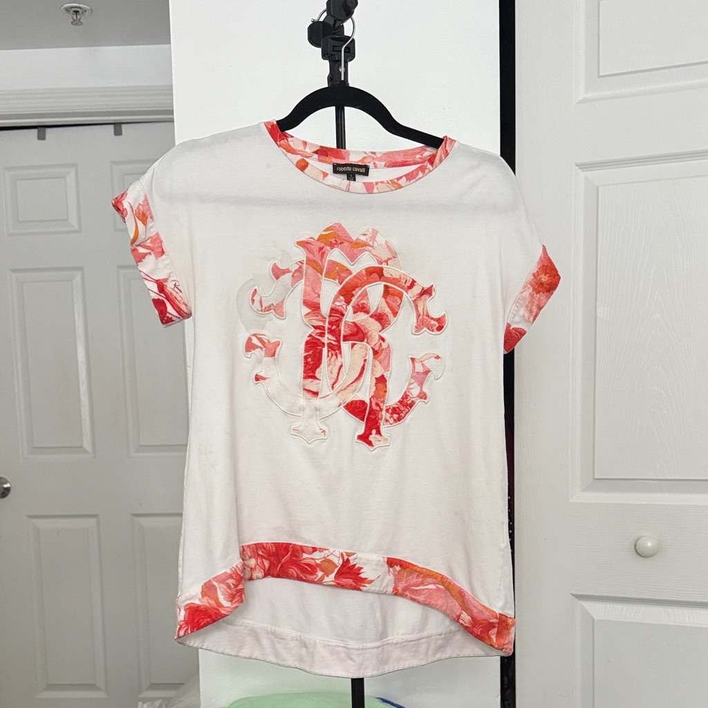 Roberto Cavalli White And Red Short Sleeve Tee